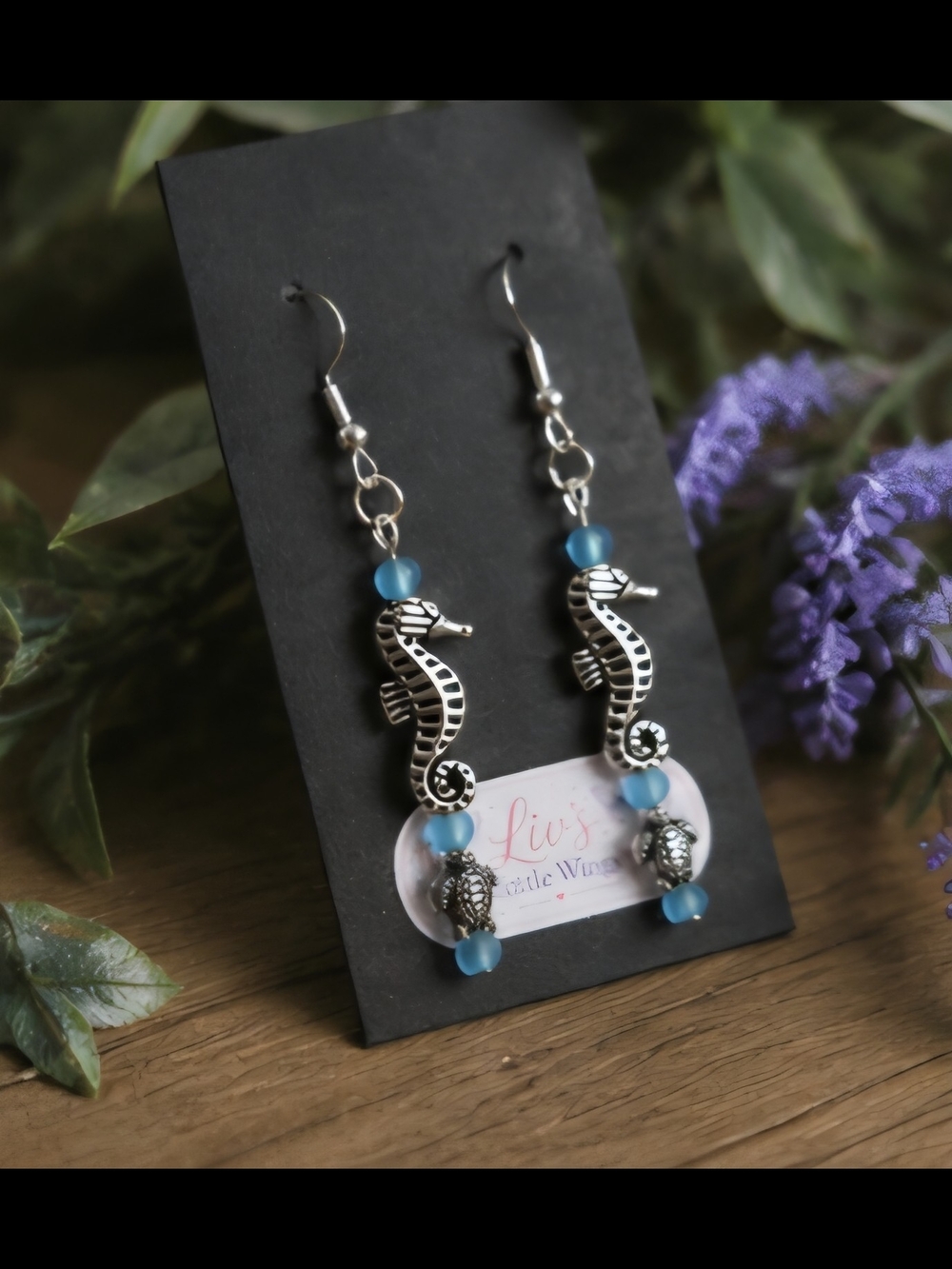 Silver Seahorse & Sea Turtle Drop Earrings with Blue Beads